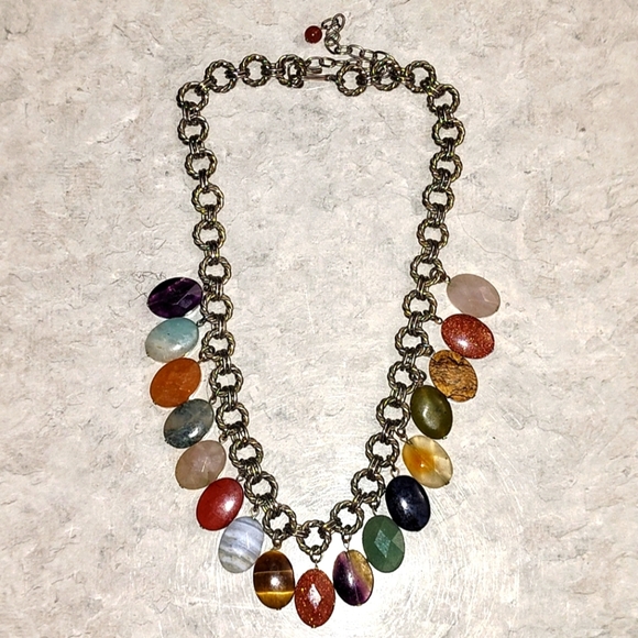 VINTAGE MULTI-WIRED SILVER NATURAL & SYNTHETIC GEMSTONE DANGLE NECKLACE UPTO 18" - Picture 10 of 11